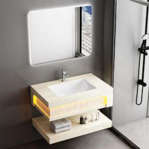 Factory Best Ceramic Sink Rock Slab Vanity Bathroom Cabinet Set Moisture-proof Wall Mounted Artificial Cabinet Colored Slab Counter Top With Basin