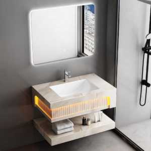 Recommend Ceramic Sink Rock Slab Bathroom Cabinet Set Moisture-proof Wall Mounted Artificial Stone Cabinets Eco-Friendly Stone Wash Sink Bathroom Sink Vanities