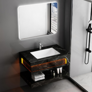 Recommend Black Rock Slab Bathroom Cabinet Ceramic Sink Set Moisture-proof Wall Mounted Artificial Stone Cabinets Eco-Friendly Stone Bathroom Basin Vanities