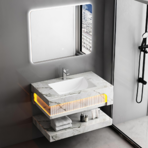 Latest Model Rock Slab Bathroom Cabinet Ceramic Sink Set Moisture-proof Wall Mounted Artificial Stone Cabinets Eco-Friendly Stone Bathroom Basin Vanities
