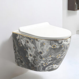Luxury Design Marble Type Electroplated Ceramic Sanitary Wares Set Grey Round Wall Hung Toilet Commode Household Hotel Bathroom Toilets Bowl Wc