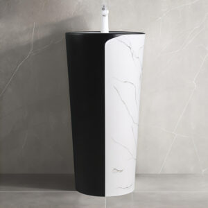 Designer Style Integrated Ground Mounted Round Washbasin Black and White Bathroom Pedestal Sink Marble Colored Basin Bowl for Hotel Home