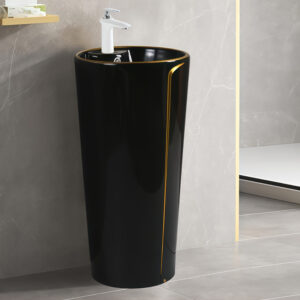 Customized Color One Piece Floor Mounting Round Washbasin Black Glazed Gold Line Bathroom Pedestal Sink Hand Wash Basin Bowl Easy Clean