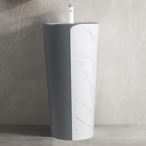 Factory Direct Customized One Piece Floor Mounting Round Washbasin Black Glazed Gold Line Bathroom Pedestal Sink Hand Wash Basin Bowl Easy Clean