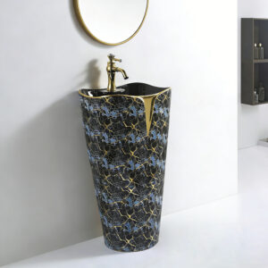 Wholesaler Good Price Customized One Piece Floor Mounting Round Washbasin Black and Gold Marble Pattern Bathroom Pedestal Sink Hand Wash Basin Bowl Easy Clean