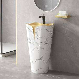 Hot Selling Handmade Flower Edge Bathroom Pedestal Sink Marble Style Gold plated One Piece Floor Standing Basin Bowl Customized Bathroom Furniture
