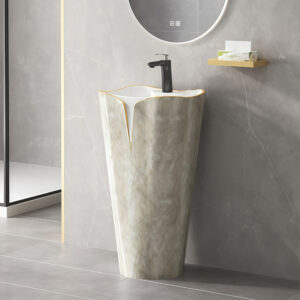 Unique Design Handmade Flower Edge Bathroom Pedestal Sink Marble Style Gold plated One Piece Floor Standing Basin Bowl Customized Bathroom Furniture