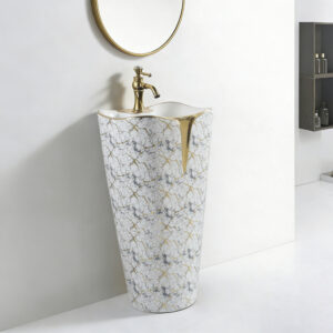 New Arrival Electroplated One Piece Floor Mounting Round Washbasin White and Gold Marble Pattern Bathroom Pedestal Sink Hand Wash Basin Bowl