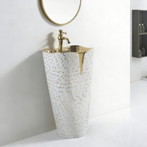 Wholesaler Electroplated One Piece Floor Mounting Round Washbasin Golden Handcraft Bathroom Pedestal Sink Hand Wash Basin Bowl Customized