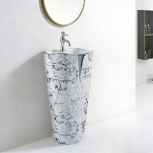 Wholesaler Electroplated One Piece Floor Mounting Flower Edge Washbasin Handcraft Bathroom Pedestal Sink Blue Pattern Basin Bowl Customized