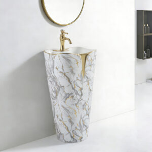 Luxury Handcraft Flower Edge Bathroom Pedestal Sink Wholesaler Gold plated One Piece Floor Standing Marble Pattern Basin Bowl Customized