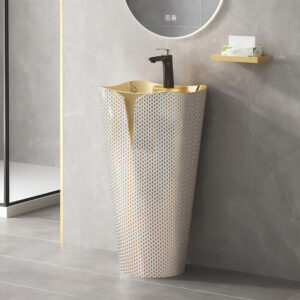 Stylish Handmade Flower Edge Bathroom Pedestal Sink Wholesaler Gold plated One Piece Floor Standing Geometric Pattern Basin Bowl Customized