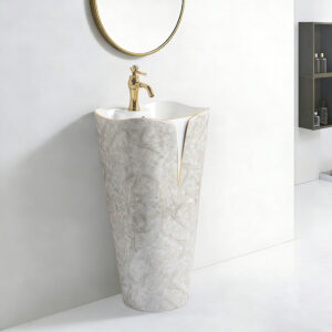 Hot Sale Handmade Flower Edge Bathroom Pedestal Sink Marble Style Gold plated One Piece Floor Standing Basin Bowl Customized Bathroom Furniture