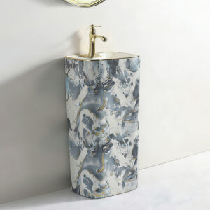 Premium Sanitary Wares Handmade Square Bathroom Pedestal Sink Marble Style Gold plated One Piece Floor Standing Basin Bowl Customized Bathroom Furniture