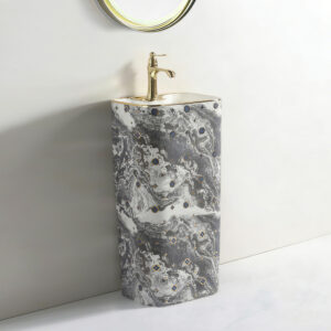 Premium Sanitary Wares Electroplated Floor Standing Bathroom Sink Bowl Golden Edge One-Piece Washstand Ceramic Hotel Grade Pedestal Wash Basin