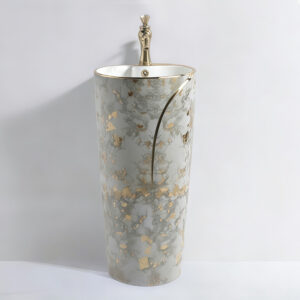 High Quality Sanitary Wares Electroplated Floor Standing Bathroom Sink Bowl Golden Edge One-Piece Washstand Ceramic Hotel Grade Pedestal Wash Basin