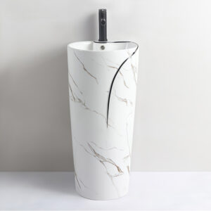 High Quality Sanitary Wares Electroplated Floor Standing Bathroom Sink Bowl Black Edge One-Piece Washstand Ceramic Hotel Grade Pedestal Wash Basin