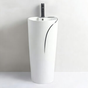 Factory Direct Sanitary Wares Floor Standing Bathroom Sink Bowl Black Edge One-Piece Washstand White Glazed Ceramic Hotel Grade Pedestal Wash Basin