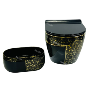 Black Gold Series Sanitary Ware Set One Piece Wall-Mounted Toilet Bowl Above Counter Basin Home Use Bathroom Lavatory Wc Toilet Unit