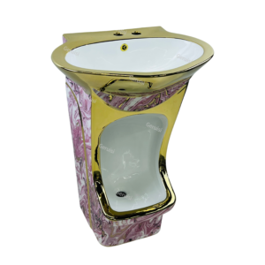 Pink Pattern Gold Electroplated Floor Standing Bathroom Sink Bowl One-Piece Washstand Ceramic Factory Direct Pedestal Wash Basin
