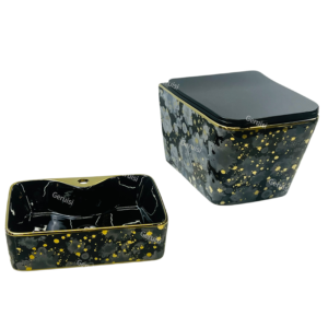 Gold and Black Sanitary Ware Set One Piece Wall-Mounted Toilet Bowl Above Counter Basin Home Use Bathroom Lavatory Wc Toilet Unit