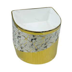 Stylish Yellow Colored One Piece Arch Shaped Wall-Mounted Basin Bowl with Gold Line Hand Wash Basin Lavatory Vessel Sink for Home Hotel Use