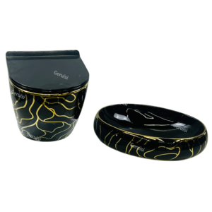 Luxury Handmade Golden Line Black Ceramic Sanitary Wares Wall Hung Toilet Bowl Countertop Art Basin Bathroom Lavatory Wc Toilet Set