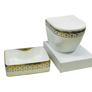 Traditional Golden Flower Pattern Ceramic Sanitary Wares Wall Hung Toilet Bowl Countertop Art Basin Bathroom Lavatory Furniture Set
