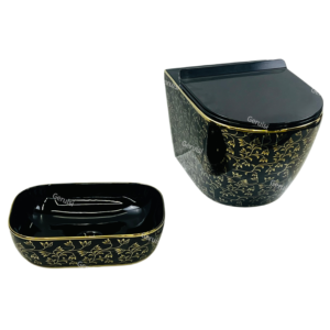 Classical Golden Flower Pattern Ceramic Sanitary Wares Wall Hung Toilet Bowl Countertop Art Basin Bathroom Lavatory Furniture Set