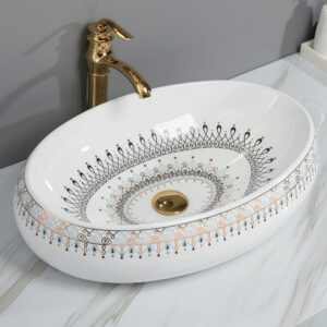 Moroccan-Inspired Ceramic Vessel Sink Sleesk White Glazed with Ornate Gold Patterns Hand-Painted Art Countertop Bathroom Basin