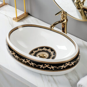 Opulent Black & Gold Bathroom Vessel Sink Above Counter Art Basin Elegant Oval Ceramic Basin for Modern Luxury Homes