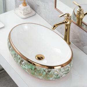 High-End Decorative Baroque Ceramic Bathroom Vessel Sink White Interior with Green & Gold Exterior Art Basin Bowl for Luxury Bathrooms