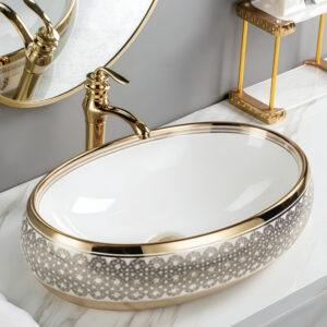 Middle East Style Regal Lace-Design Ceramic Vessel Sink Oval Countertop Basin with Polished Gold Rim for Upscale Home Decor