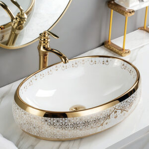 Lavabo Vasque en Céramique Elegant Flower Design Ceramic Vessel Sink Oval Countertop Basin with Gold Rim for Upscale Home Decor