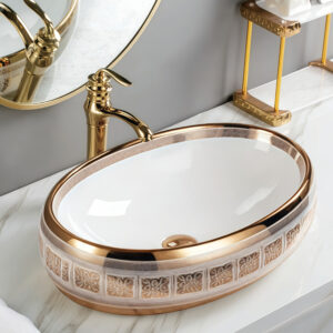Luxury Rose Gold Lace-Patterned Ceramic Vessel Sink Gold Plated Oval Countertop Basin Bowl for Elegant Bathrooms