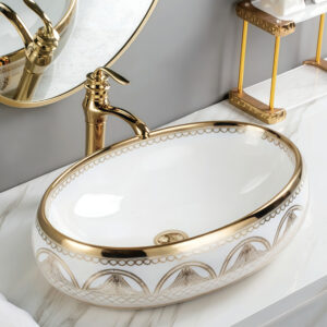 Opulent Oval Vessel Sink with Shiny Gold Trim & Intricate Silver Lacework Design For Middle East Home Hotel Decor