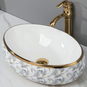 Nature-Inspired Bathroom Sink White Base with Grey and Gold Elegant Floral Fern Pattern Oval Shaped Washbain with Gold Rim