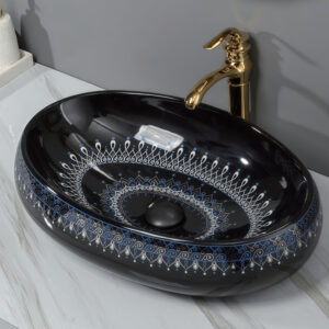 Moroccan-Inspired Ceramic Vessel Sink Sleesk Black Glazed with Blue Patterns Hand-Painted Art Countertop Bathroom Basin