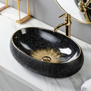 Starry Black & Gold Ceramic Vessel Sink Oval Countertop Basin with Shimmering Galaxy Finish Statement Piece for Upscale Bathrooms
