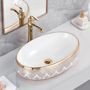 Delicate Floral Ornament Vessel Sink with Shiny Gold Rim Oval Shaped Gold Plated Basin Bowl for High-End Bathroom Upgrade