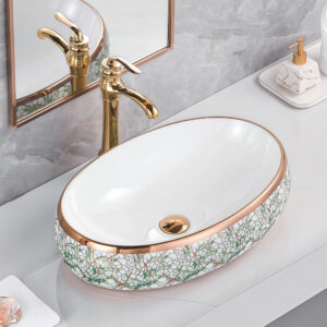 Chic Green & Gold Crackle Marble Texture Vessel Sink with Shiny Gold Rim Oval Shaped Gold Plated Basin Bowl for High-End Bathroom Upgrade