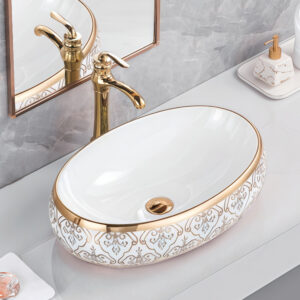 Classical Gold Pattern Vessel Sink with Shiny Gold Rim Oval Shaped Gold Plated Basin Bowl for Bathroom Upgrade