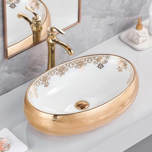 Ornate Floral Print Innerior Gold Plated Exterior White Ceramic Sink with Gold Accents Statement Basin for Elegant Homes