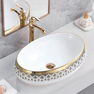 Luxury Porcelain Bathroom Sink with Gold Trim & Grey-Gold Floral Pattern Modern Wash Basin Design for Hotel Home Renovation