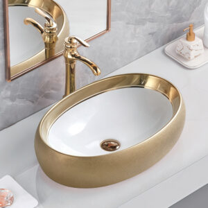 Minimalist Style Bathroom Vessel Sink with Gold Trim Modern Gold Electroplated Wash Basin Bowl for Hotel Home Renovation