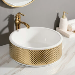 Art Design Golden Plated Diamond Pattern Surface Bathroom Sink Above Counter Cabinet Art Handcraft Wash Basin Gloss Ceramic Sinks