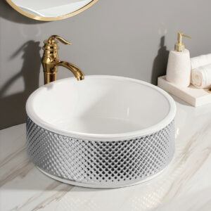 Electroplated Silver Diamond Pattern Surface Bathroom Sink Countertop Cabinet Art Handcraft Wash Basin Gloss Ceramic Sinks