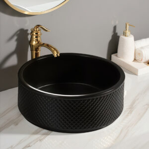 Low Keyed All Black Diamond Fluted Surface Bathroom Sink Countertop Cabinet Art Handcraft Wash Basin Gloss Round Ceramic Sinks