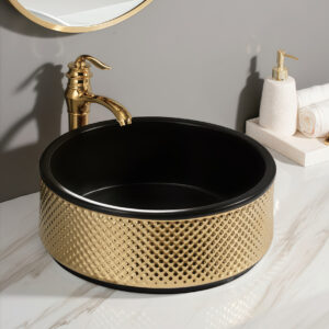 Luxury Gold Black Diamond Fluted Surface Bathroom Sink Countertop Cabinet Art Handcraft Wash Basin Gloss Round Ceramic Sinks