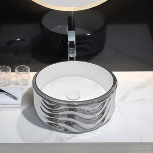 Stylish Design Silver Plated Bathroom Sink Bowl Countertop Art Handcraft Wavy Fluted Surface Round Wash Basin Sleek Colored Ceramic Sinks